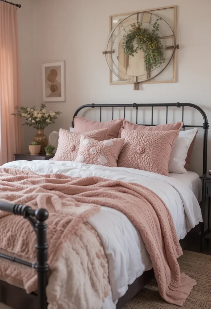 Cozy bedroom with black bed frame, layered pink pillows and throws, soft textures, inviting look.