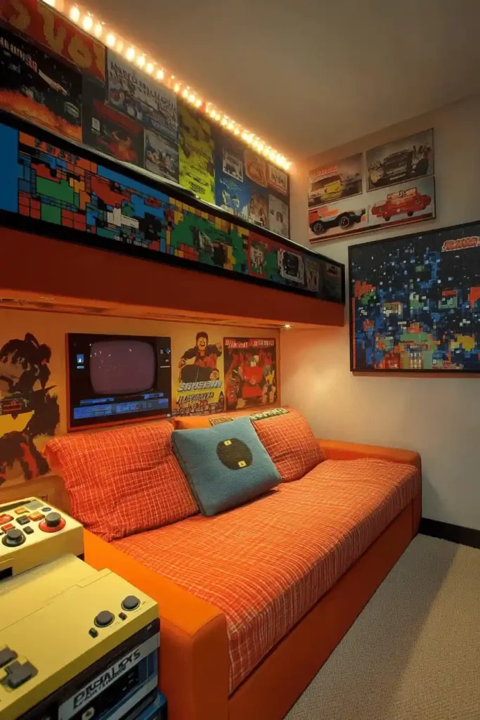 Retro gamer’s paradise with vintage consoles, pixel art, and nostalgic decor