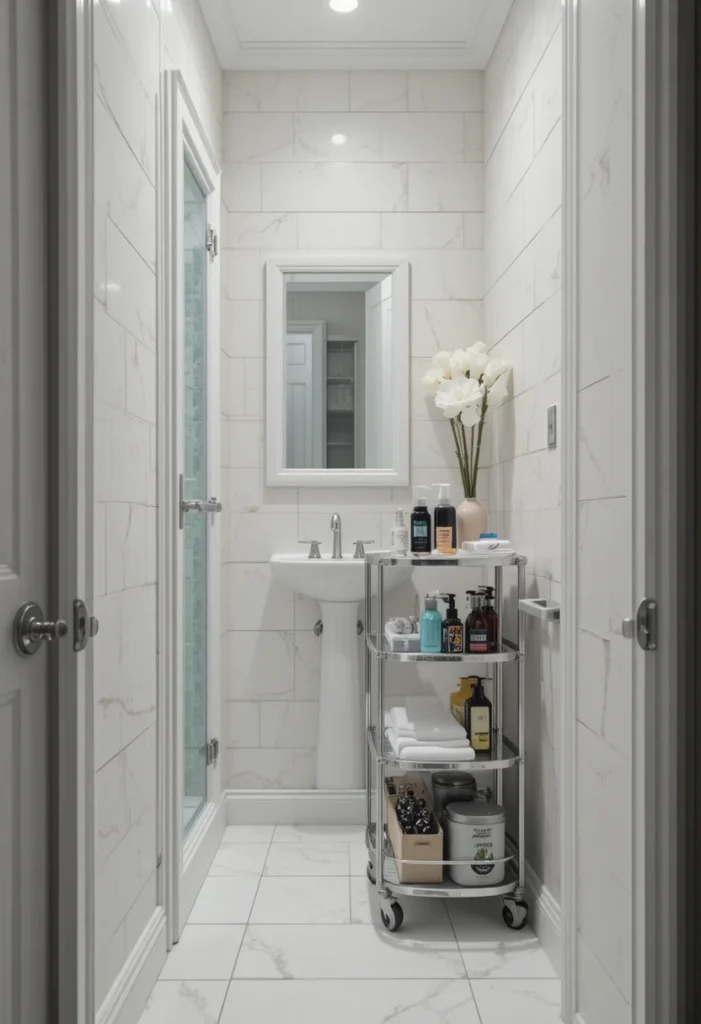 Slim rolling cart providing mobile storage in a small bathroom.