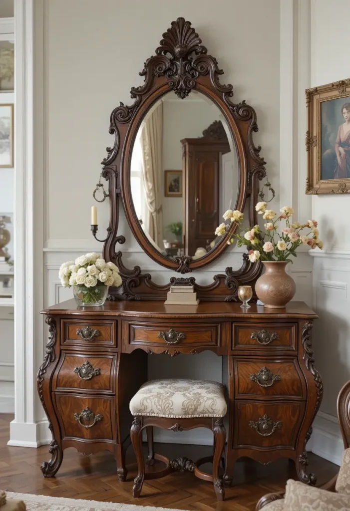 Vintage-inspired bedroom vanity with carved wood and oval mirror.