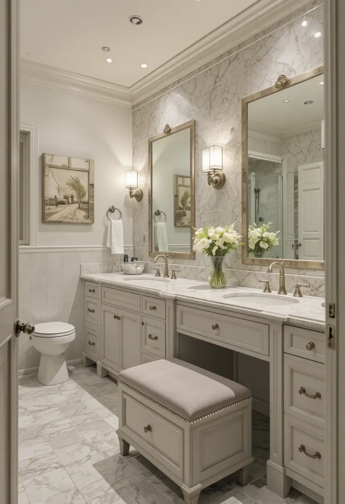 Multi-functional furniture maximizing storage in small bathroom spaces.