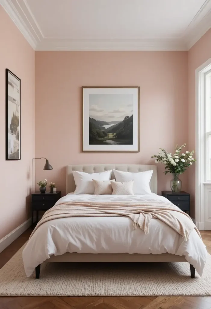 Black-framed art on soft pink bedroom walls for a subtle, stylish contrast.