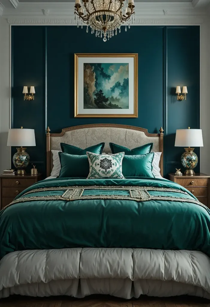 Elegant moody bedroom with jewel-toned bedding and metallic accents.