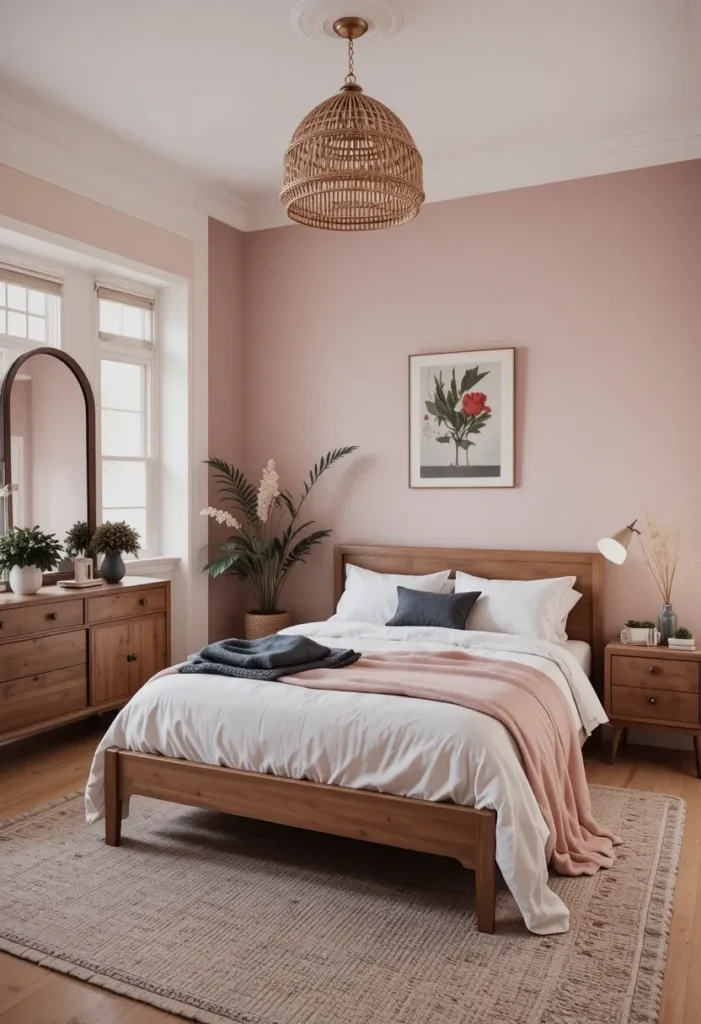 Pink and black bedroom enhanced with natural materials for a balanced, warm look.