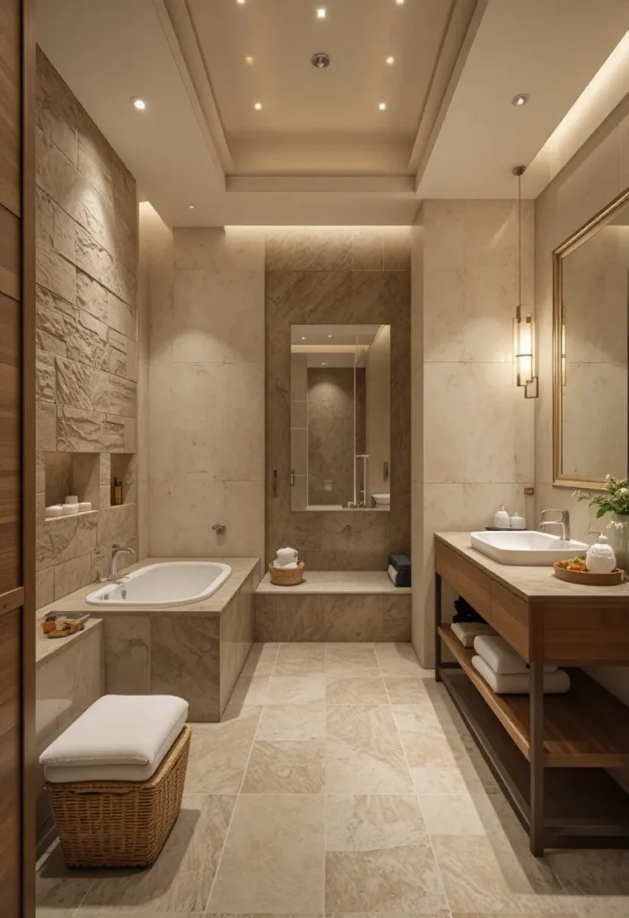 Spa-inspired primary bathroom with stone tiles and wood vanity.