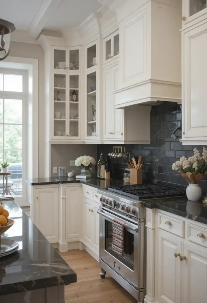 Black and white countertops with wood accents