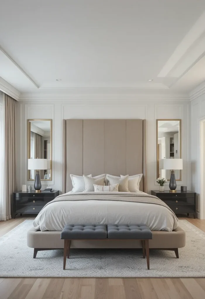 Statement headboard anchoring a modern master bedroom