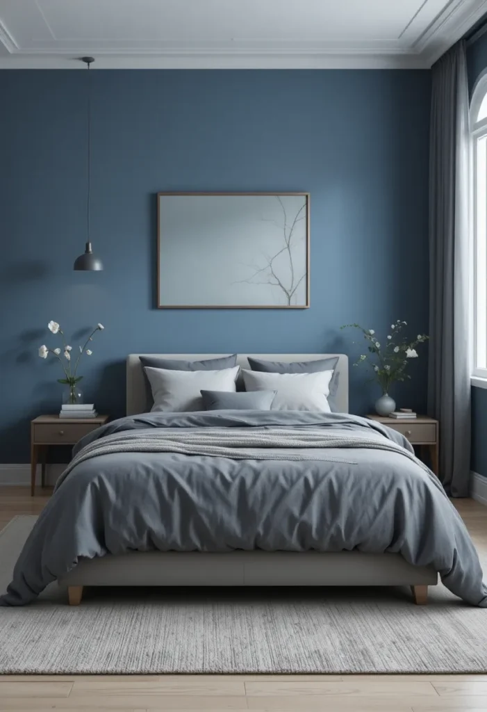 Blue and gray bedroom with modern balanced design