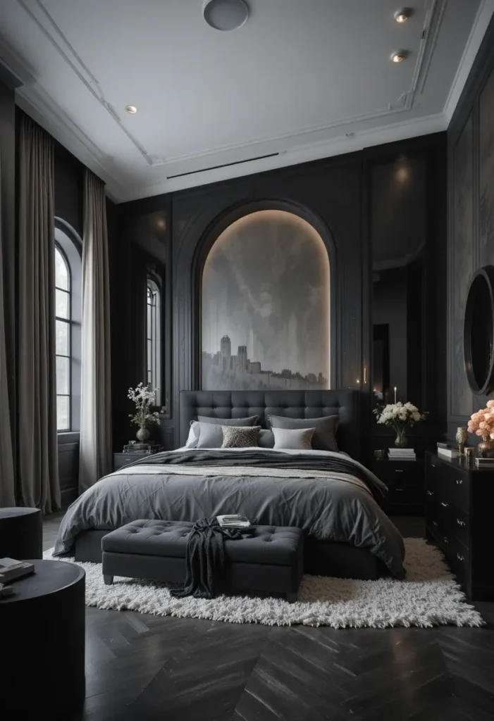 Moody bedroom with layered black and charcoal tones and modern furnishings.