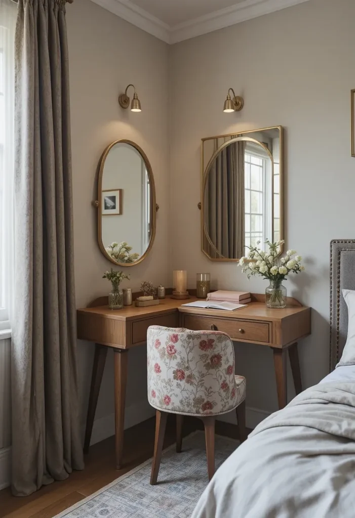 Compact corner vanity using unused bedroom space efficiently.