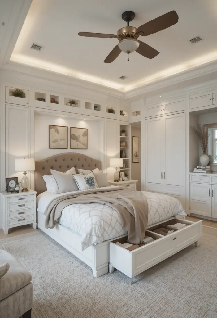 Smart storage solutions in a peaceful master bedroom