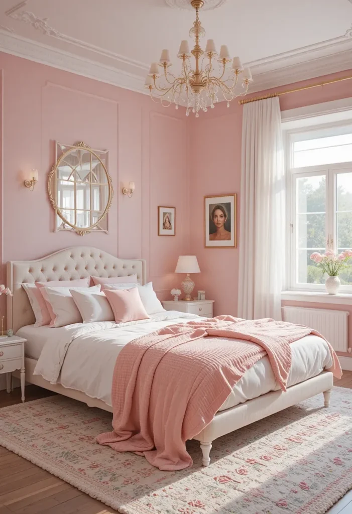Pink and white bedroom decor with fresh, clean design