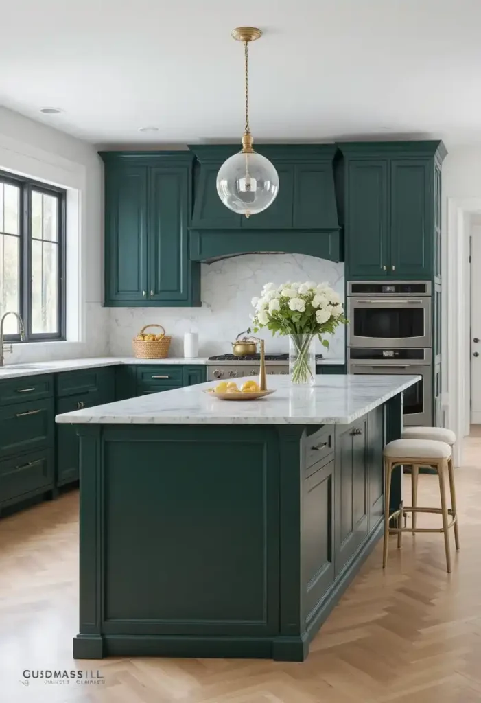 Deep emerald kitchen island making a bold statement
