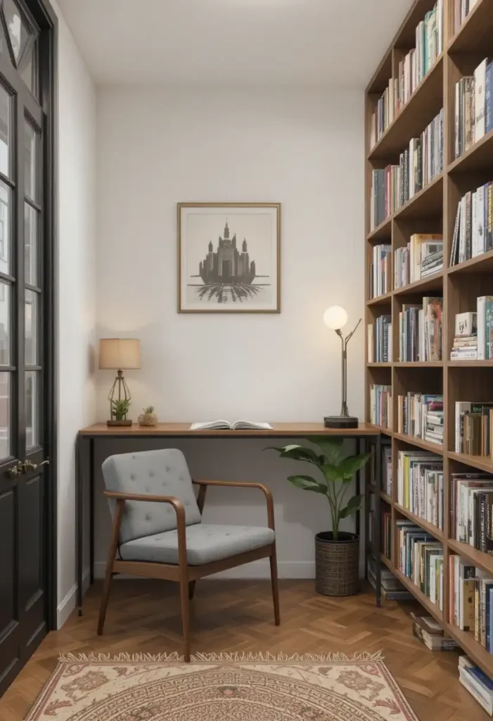 Compact reading corner in a small apartment with chair and bookshelves