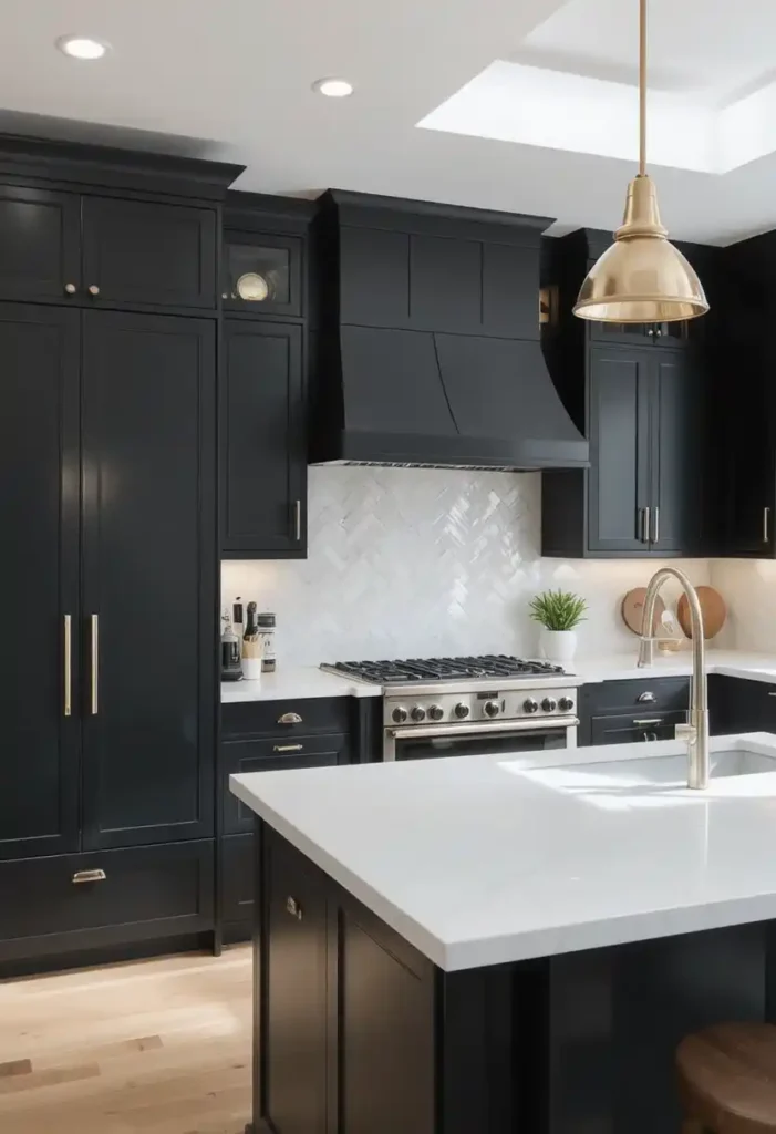 White quartz countertops with black kitchen cabinets