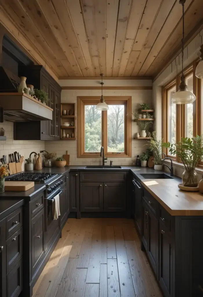 Black butcher block countertops in cozy kitchen
