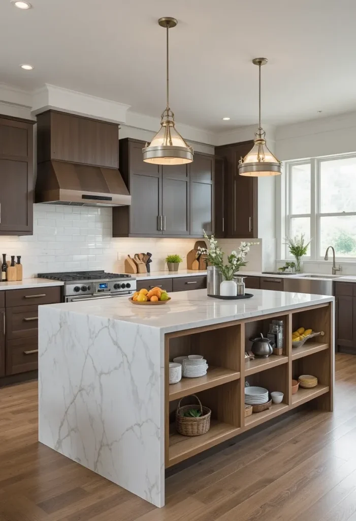 Kitchen island with waterfall edge and open storage shelves