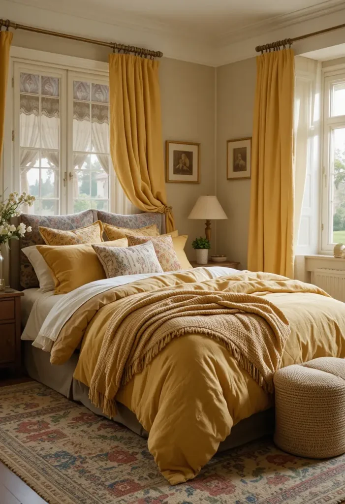 Layered yellow textiles creating warmth and visual depth in bedroom