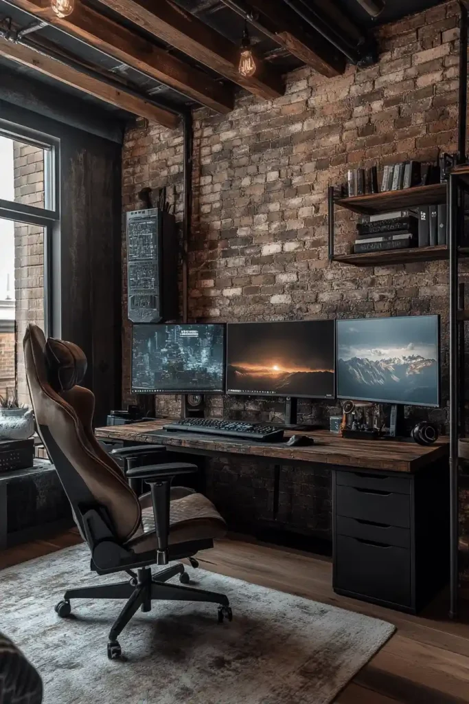 Industrial chic gaming bedroom with exposed brick walls and metal furniture