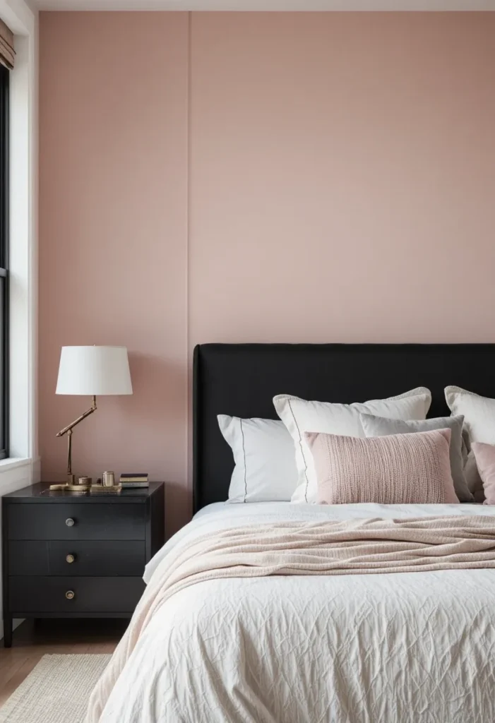 Blush pink bedroom walls paired with sleek black furniture for a balanced modern look.