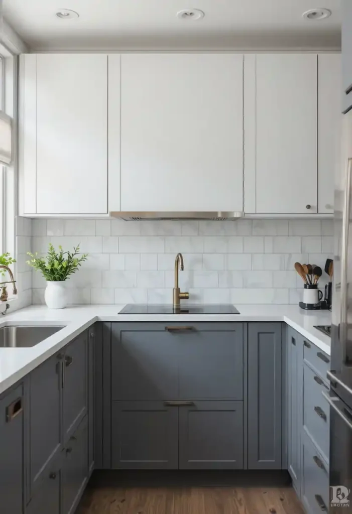 Two-tone gray and white kitchen cabinets with modern layout.