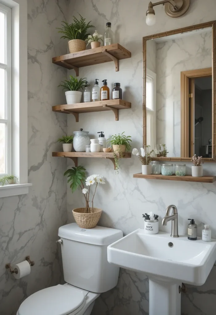 Small bathroom with floating shelves for storage and décor.