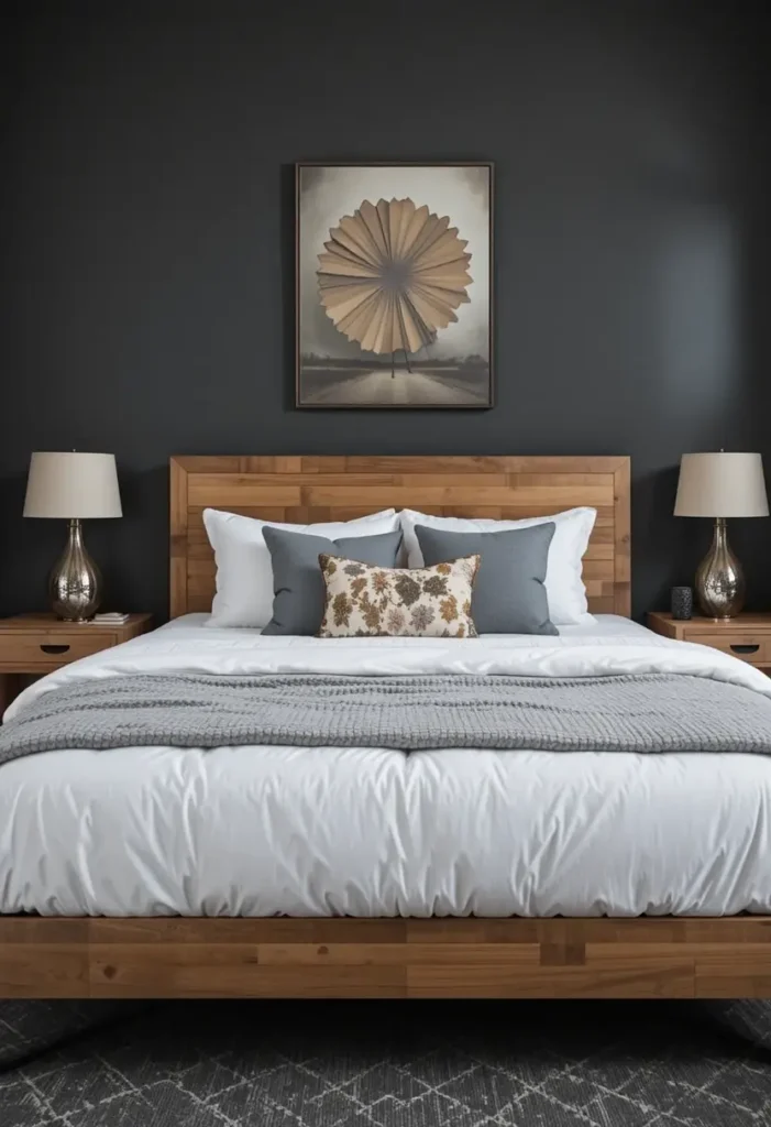 Dark gray bedroom with warm natural wood accents