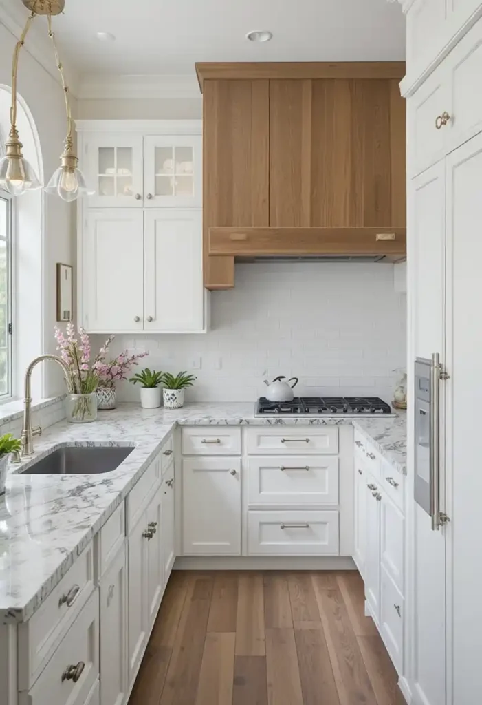 White kitchen with mixed natural materials