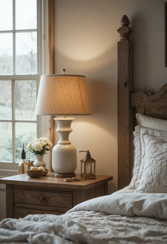 Farmhouse bedroom lamp creating cozy rustic atmosphere