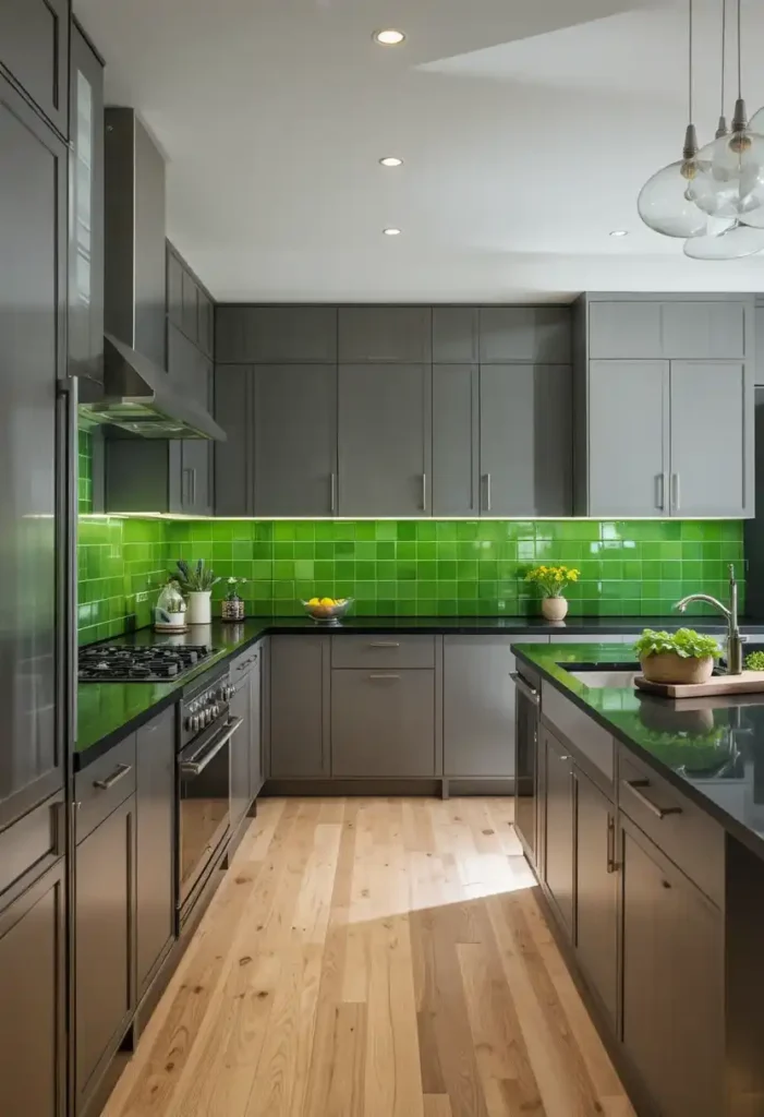 Black countertops with bold green backsplash