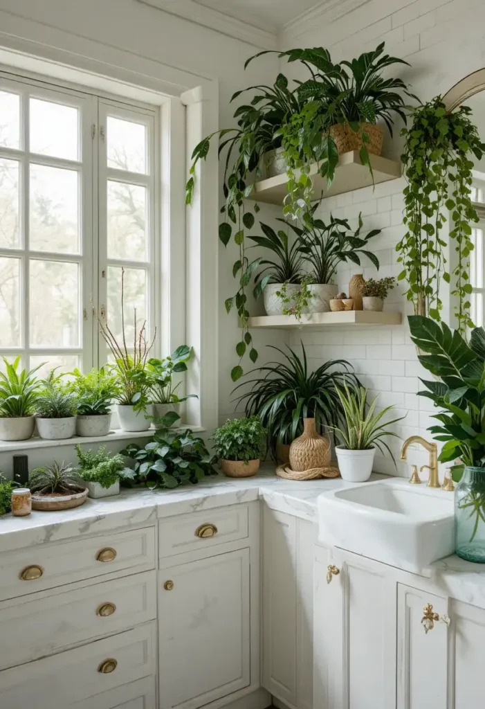 Bathroom featuring indoor plants like snake plant, pothos, and ferns