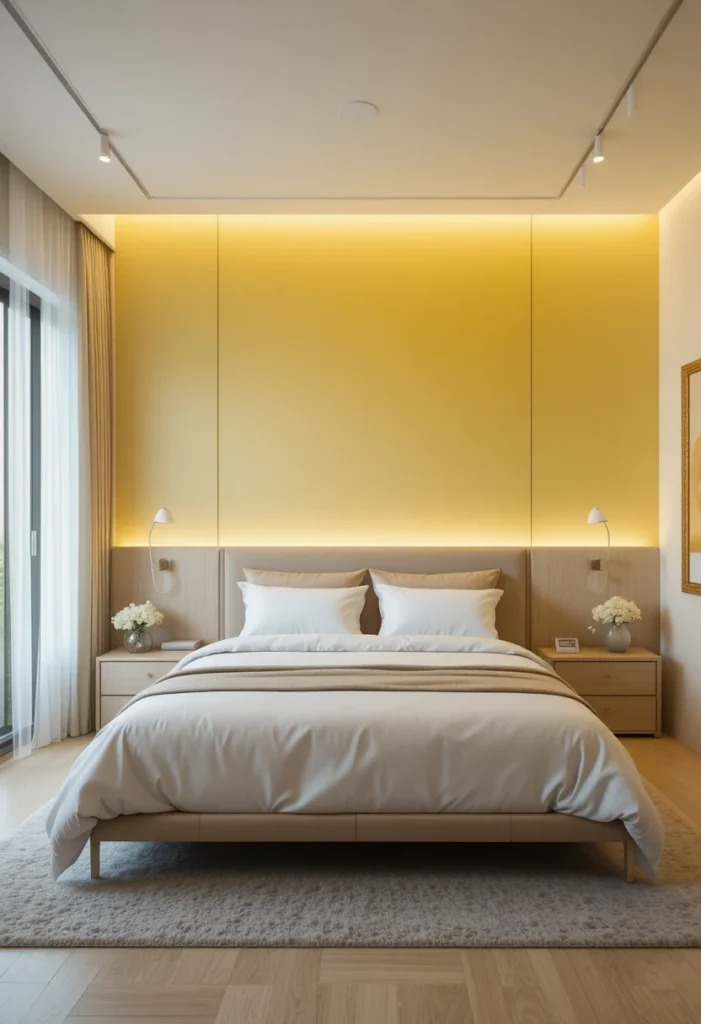 Yellow ombre bedroom wall creating visual depth and modern style