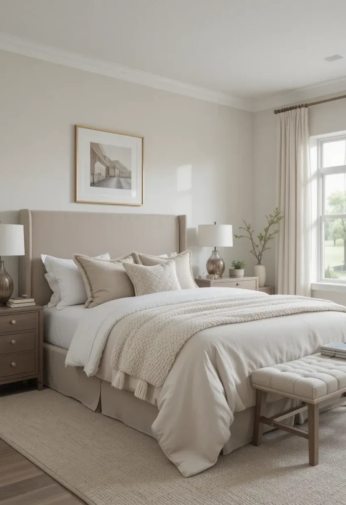 Layered neutral master bedroom with warm textures and soft tones