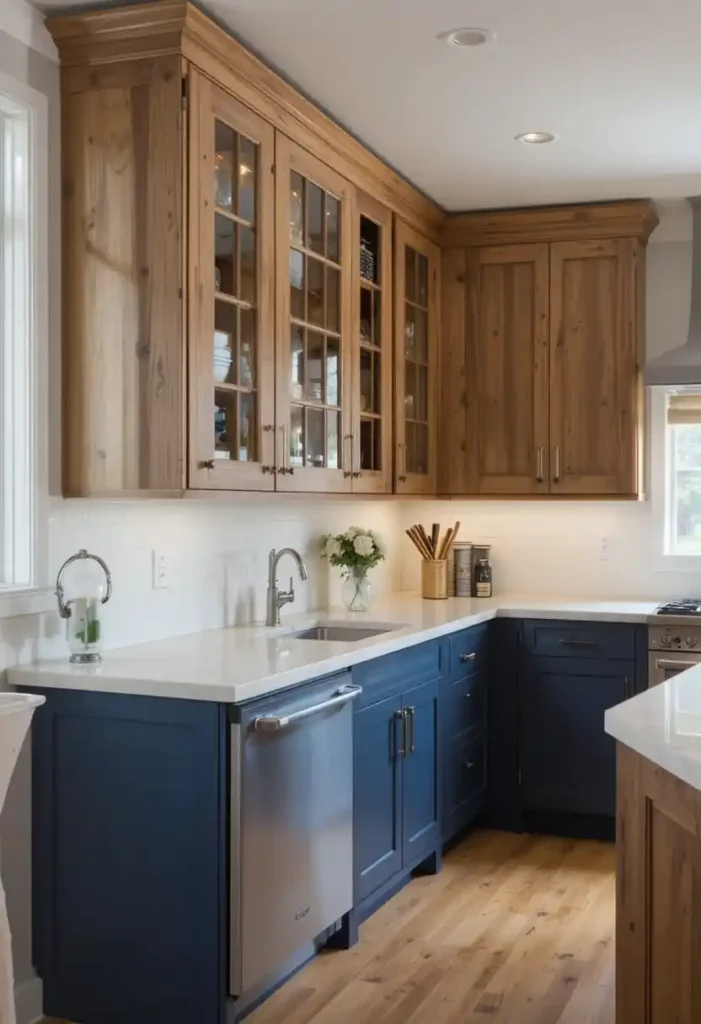Two-toned navy and wooden kitchen cabinets with open layout.