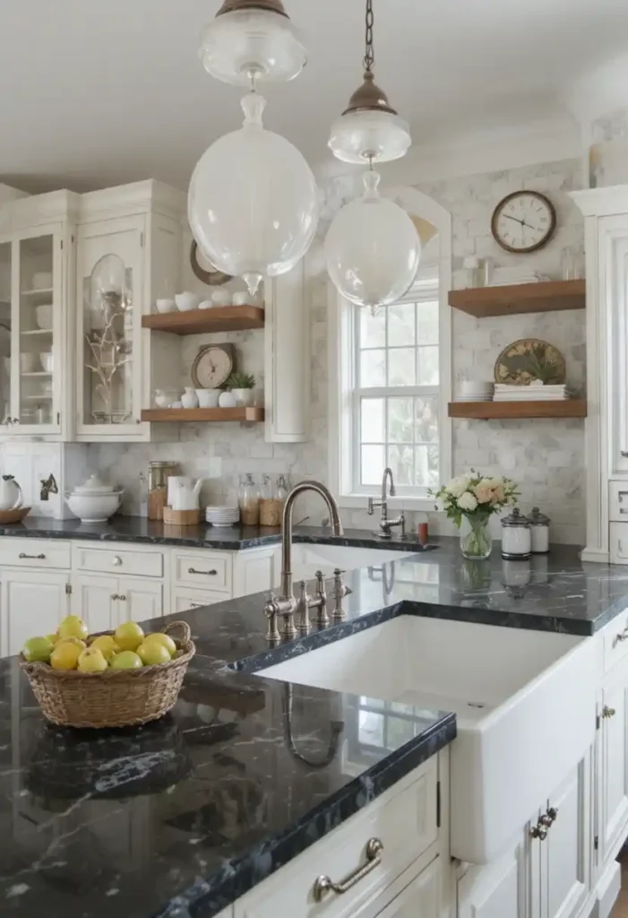 Farmhouse kitchen with black countertops and wood accents