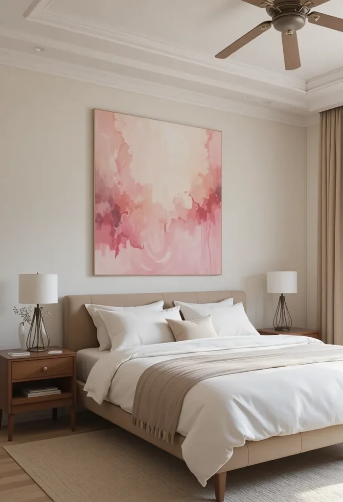 Pink wall art in stylish bedroom decor