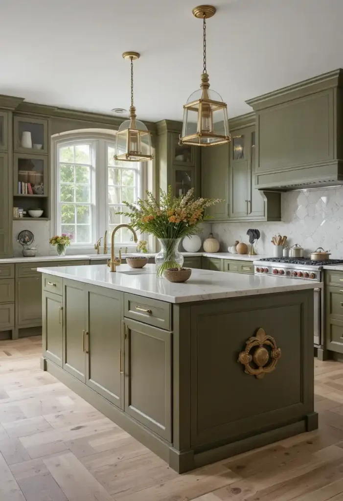 Olive green kitchen island with brass accents as centerpiece