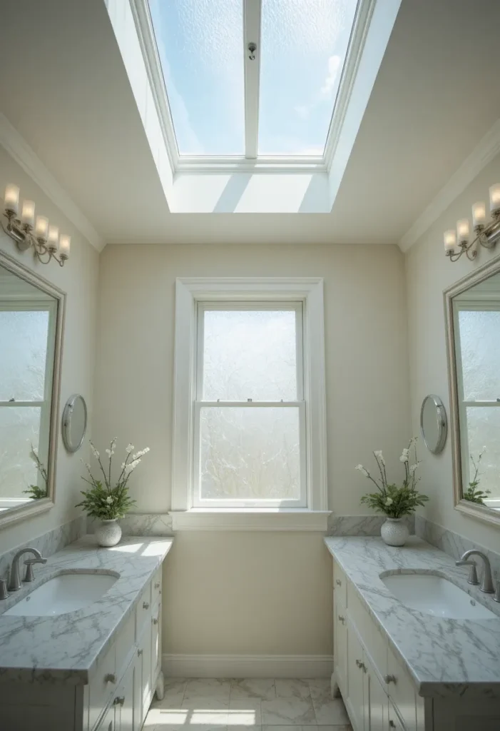Natural light filling a spacious primary bathroom.