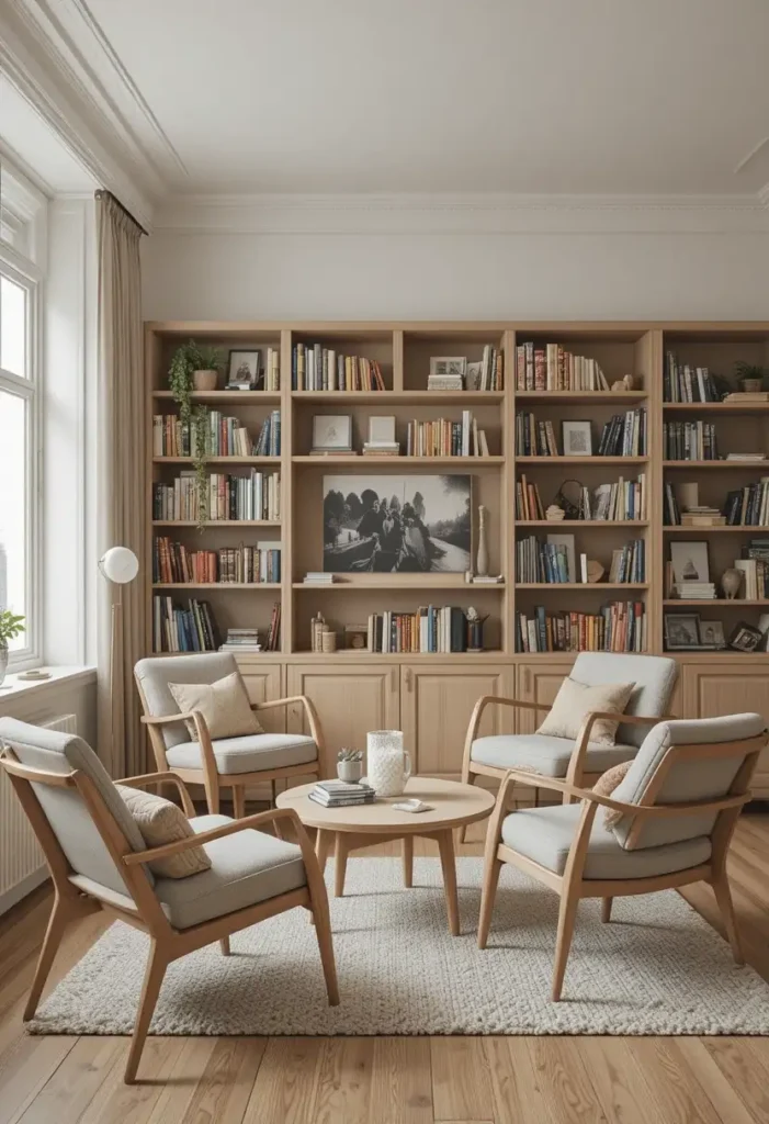 Scandinavian-style reading room with light wood furniture and neutral tones