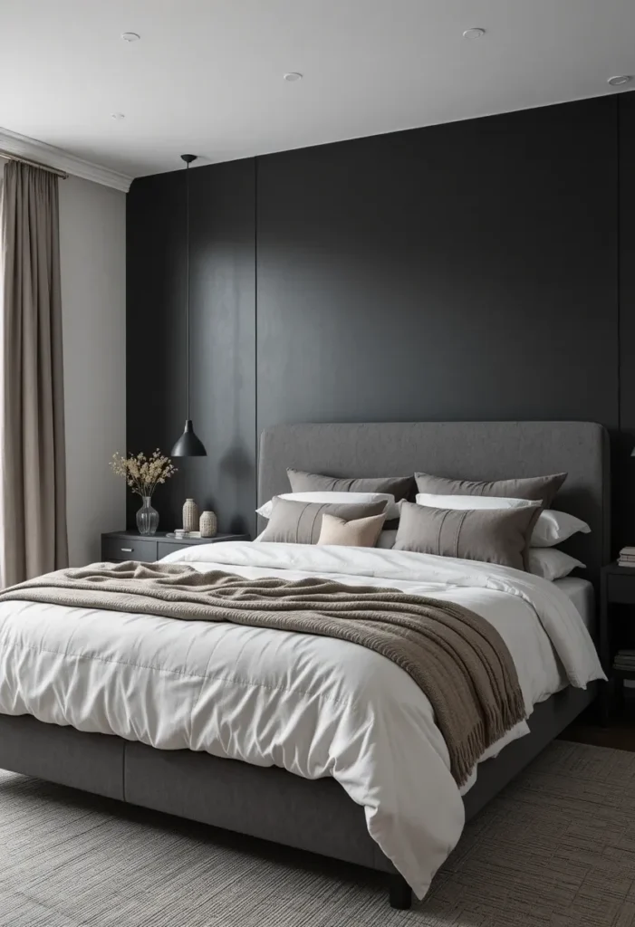 Matte black bedroom with layered textures and soft lighting