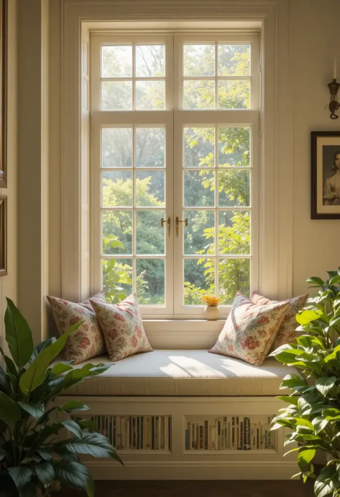Sunlit reading corner with cushioned window seat and greenery