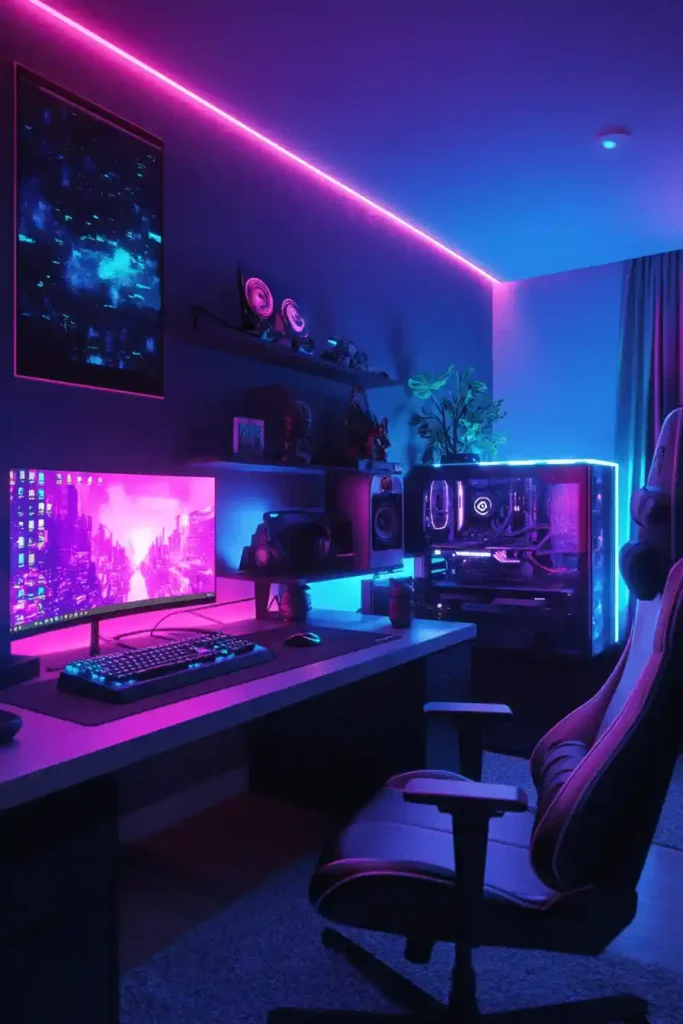 Futuristic cyberpunk gaming room with purple and blue neon lighting