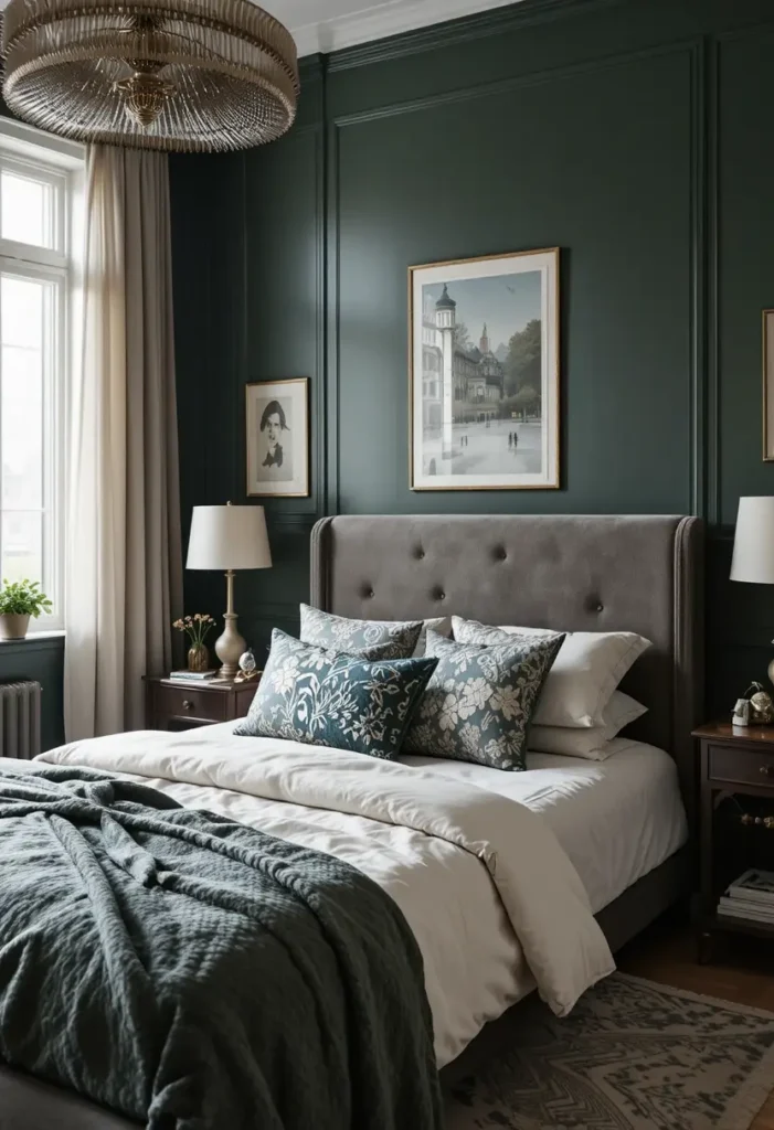 Personalized dark green bedroom with cozy décor