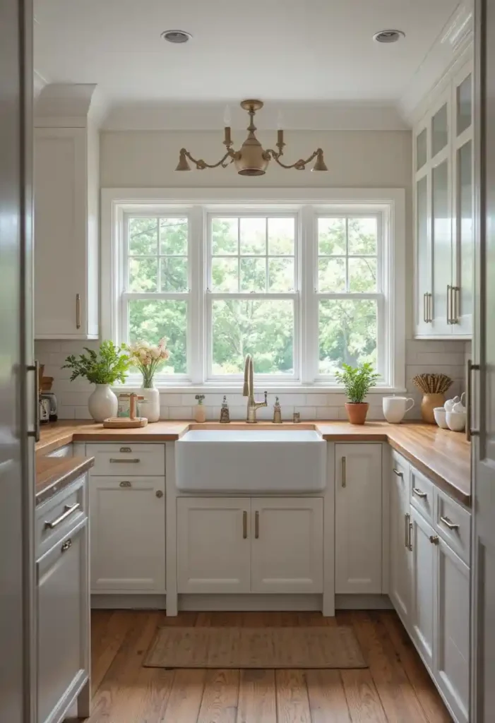 Farmhouse kitchen sink in a warm, timeless full kitchen design