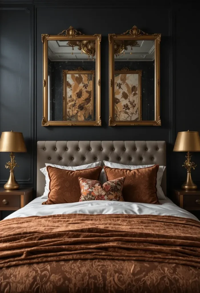 Dark moody bedroom with warm metallic accents for elegance.