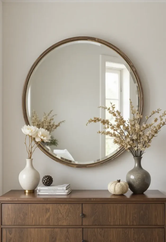  Round wall mirror above dresser reflecting natural light in bedroom.