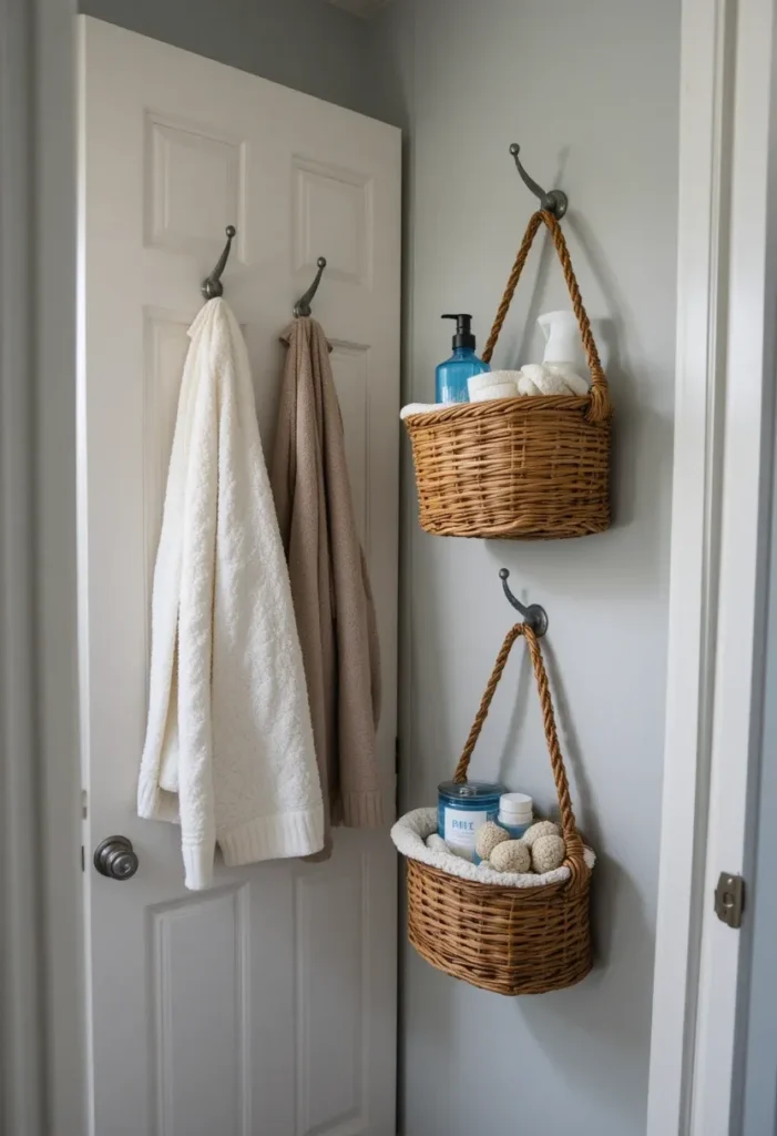 Small bathroom with hooks and hanging baskets for organization.