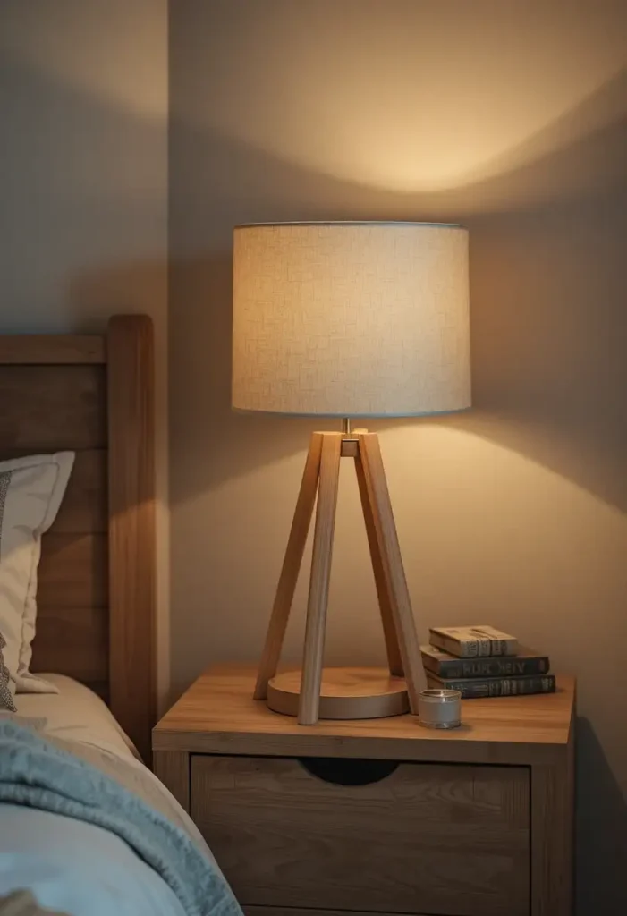 DIY bedroom lamp on a wooden nightstand with cozy lighting
