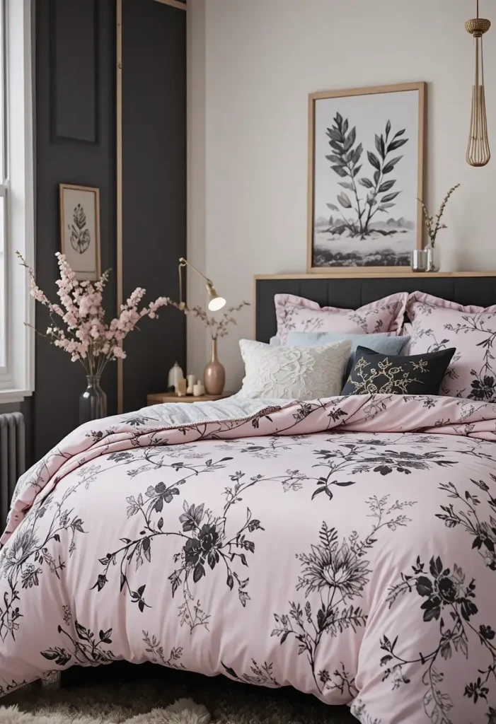 Feminine pink and black bedroom featuring subtle patterns for charm and elegance.