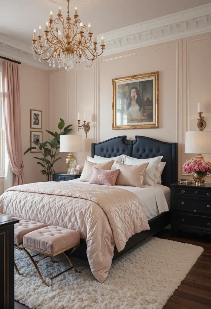 Modern glam pink and black bedroom with metallic details and chic style.